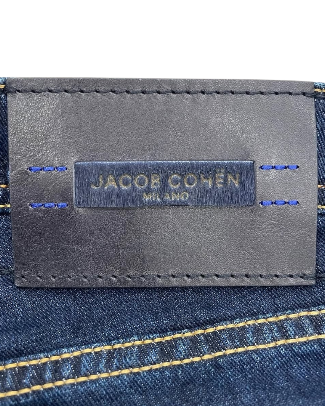 Jacob Cohen Navy Bard Jeans, Regular Slim, Black Leather Back