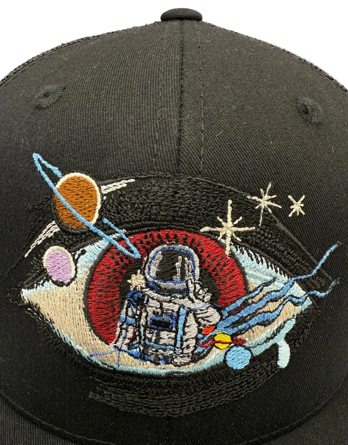 Black cap with space-themed embroidered design featuring an astronaut, planets, and stars.