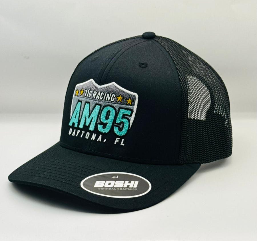 Black trucker cap with branding on a white background