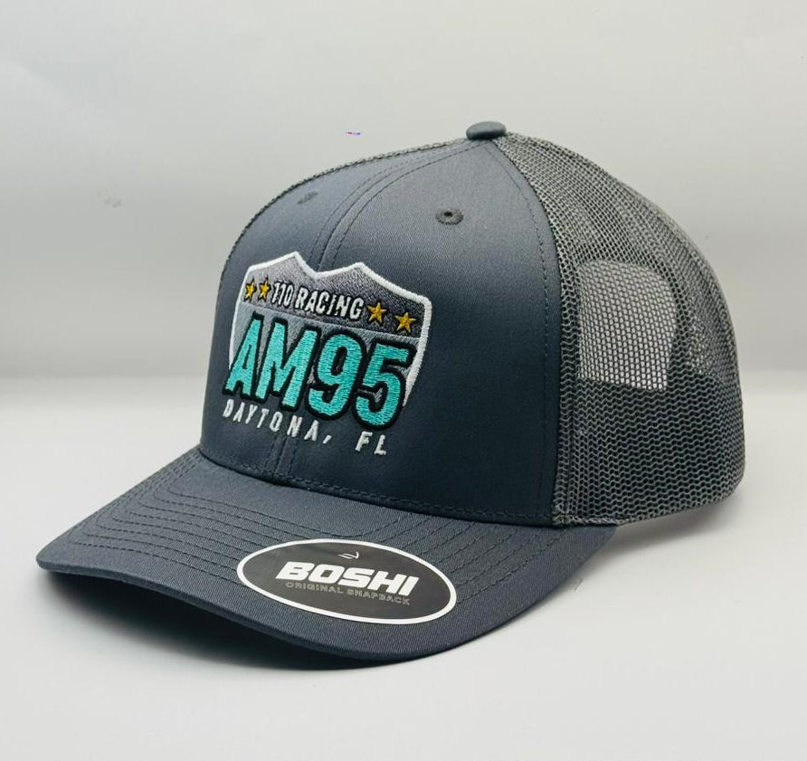 Black mesh cap with branding on a white background