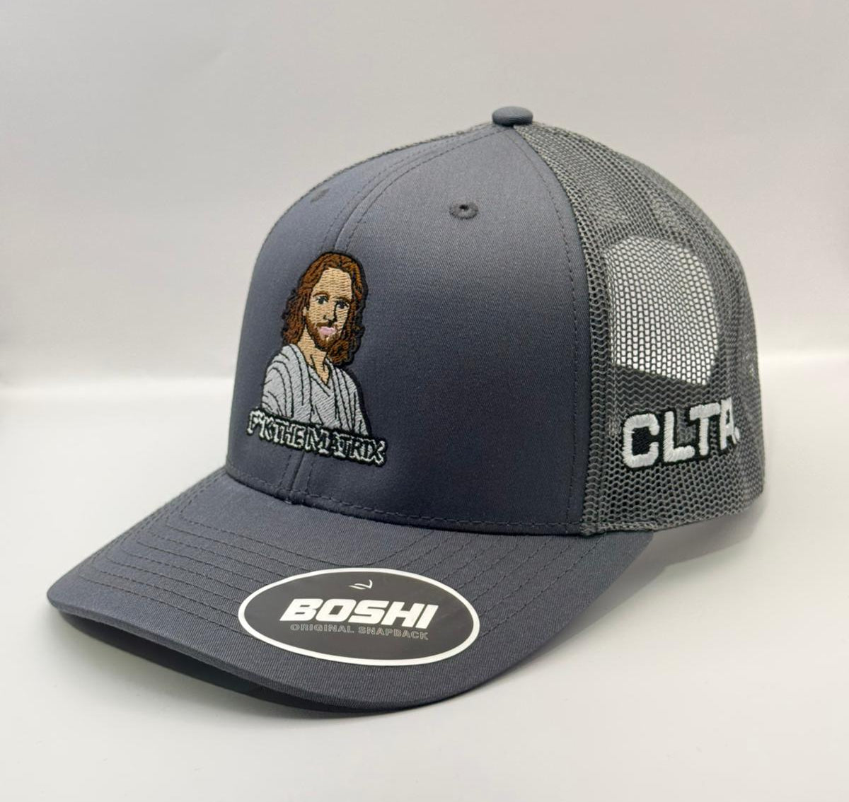 Gray cap with embroidered design and branding on a white background