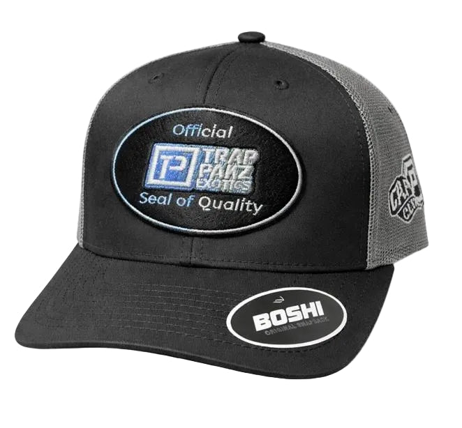 Black and gray cap with logos on a white background