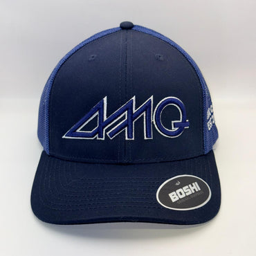 A navy blue trucker hat with a dark blue mesh back and a large stylized 'AMQ' logo embroidered on the front. The brand 'BOSHI' is visible on the sticker on the brim.