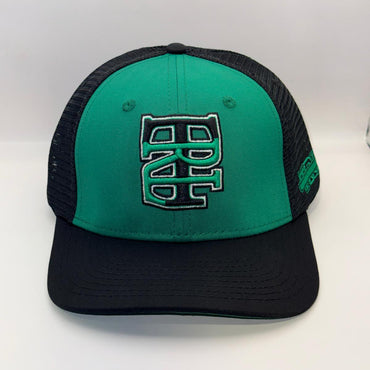 A green and black trucker-style baseball cap with a large embroidered 'BC' logo on the front, set against a plain white background.