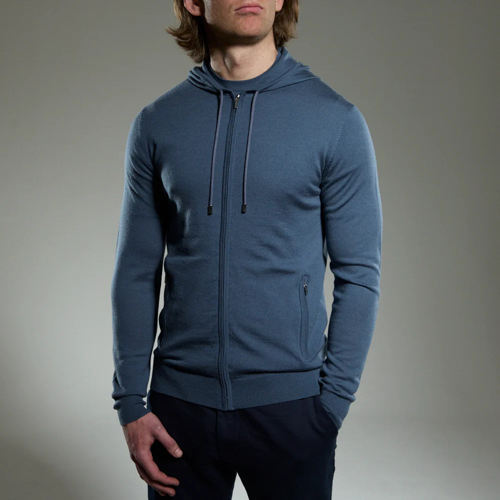 Malenzo Extra Fine Merino 'Ravenna' Zip Hoodie - Steel Blue