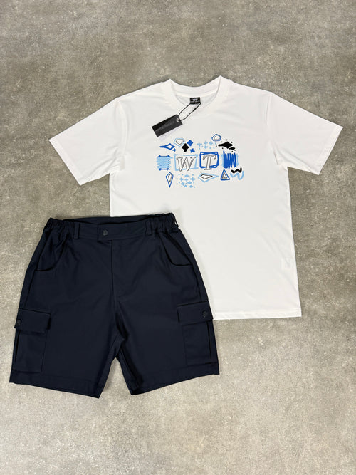 White Threads Bundle - White Blue Metaphor / Navy Cargo Shorts Set