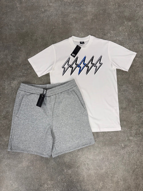 White Threads Bundle - White Royal Blue Bolt / Light Grey Cotton Shorts Set