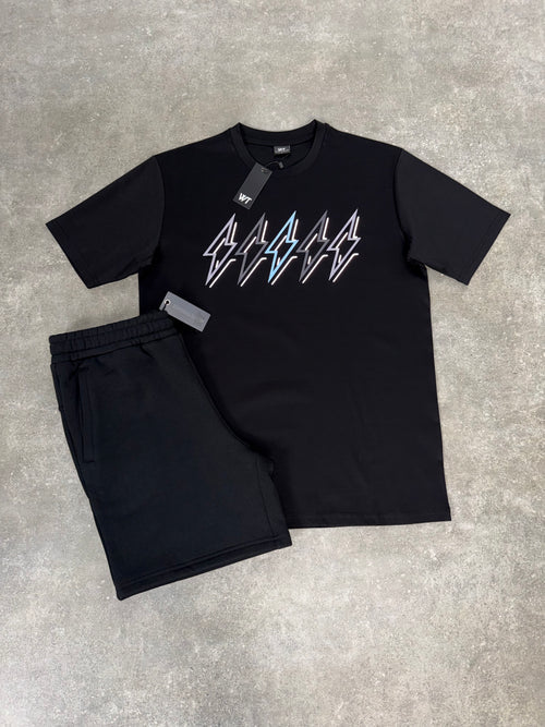 White Threads Bundle - Black Sky Blue Bolt / Black Cotton Shorts Set