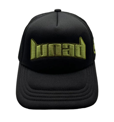 Black cap with green text on a white background