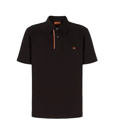 Black polo shirt with a small logo on a light gray background