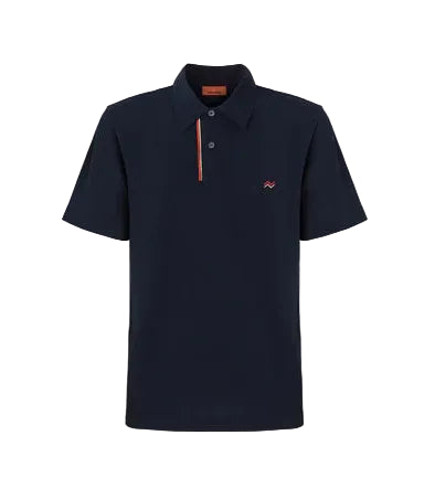 Navy polo shirt with a brand logo on a light gray background