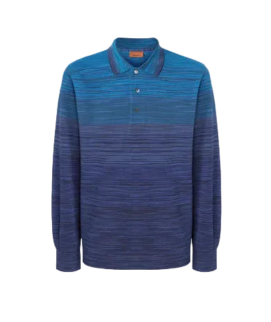 Blue striped long-sleeve polo shirt on a light gray background