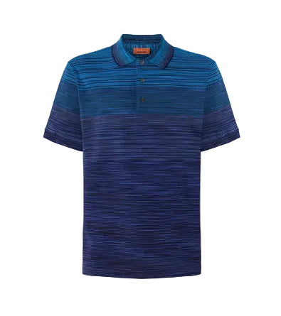 Blue striped polo shirt on a light gray background