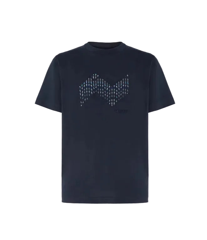 Black t-shirt with a geometric pattern on a light gray background