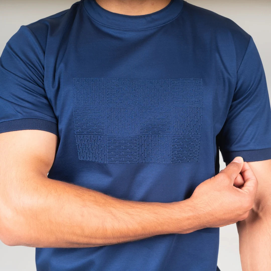 Lanka Box Pattern Stitch T-Shirt - Navy