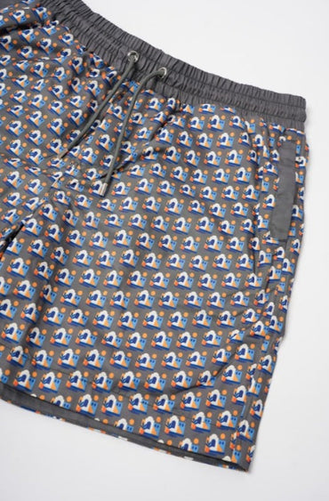 Gray shorts with a pattern of blue and orange shapes on a white background