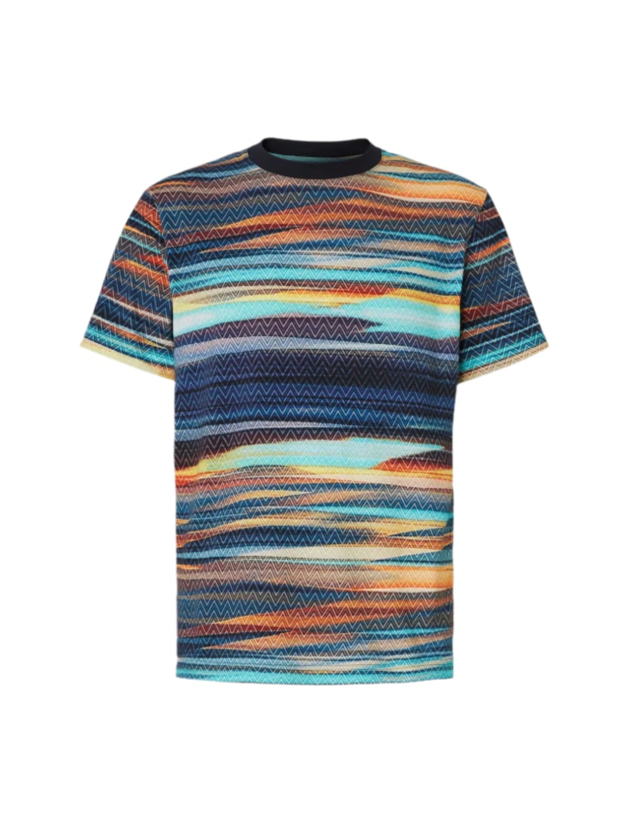 A Missoni brand t-shirt featuring a geometric zig zag pattern in blue and orange colors.