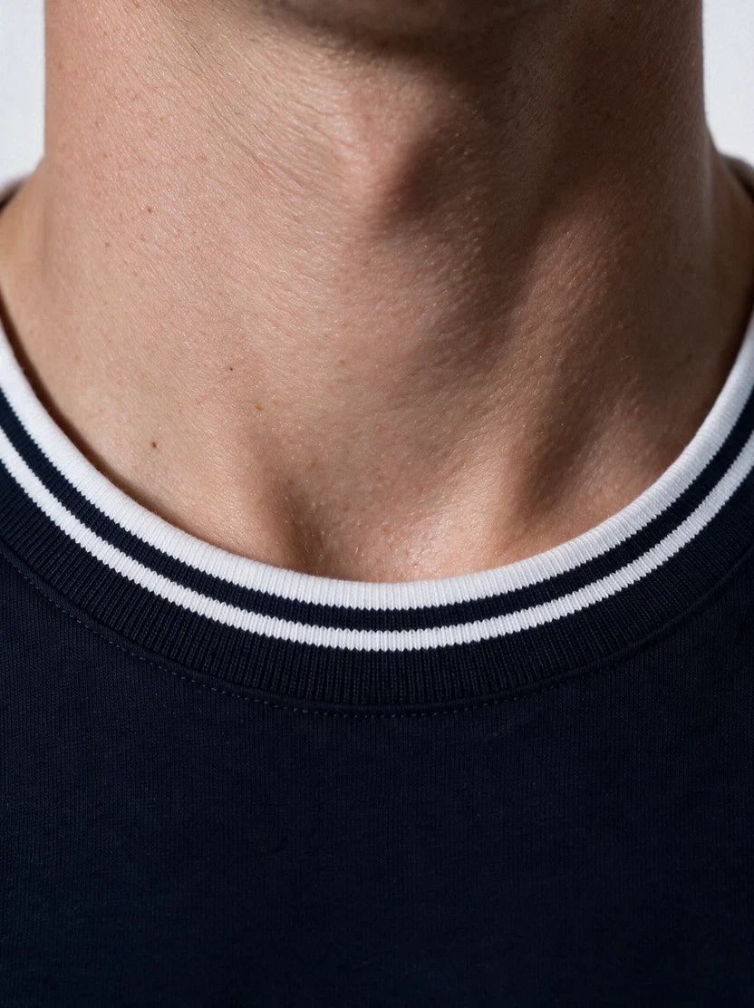 Capria Contrast Collar 'C' Stitch T-Shirt - Navy