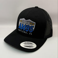 Black trucker cap with AM95 logo on a white background