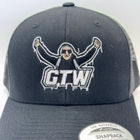 Gray snapback cap with embroidered design and 'GTW' logo on a white background
