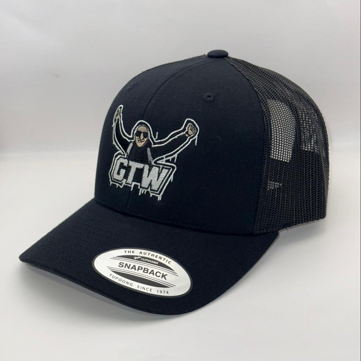 Black trucker cap with mesh back and 'GTW' logo on a white background