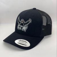 Black trucker cap with mesh back and 'GTW' logo on a white background