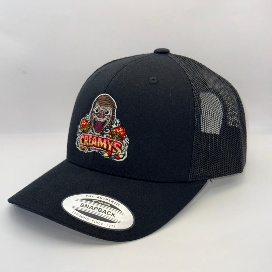Black trucker cap with colorful logo on a white background