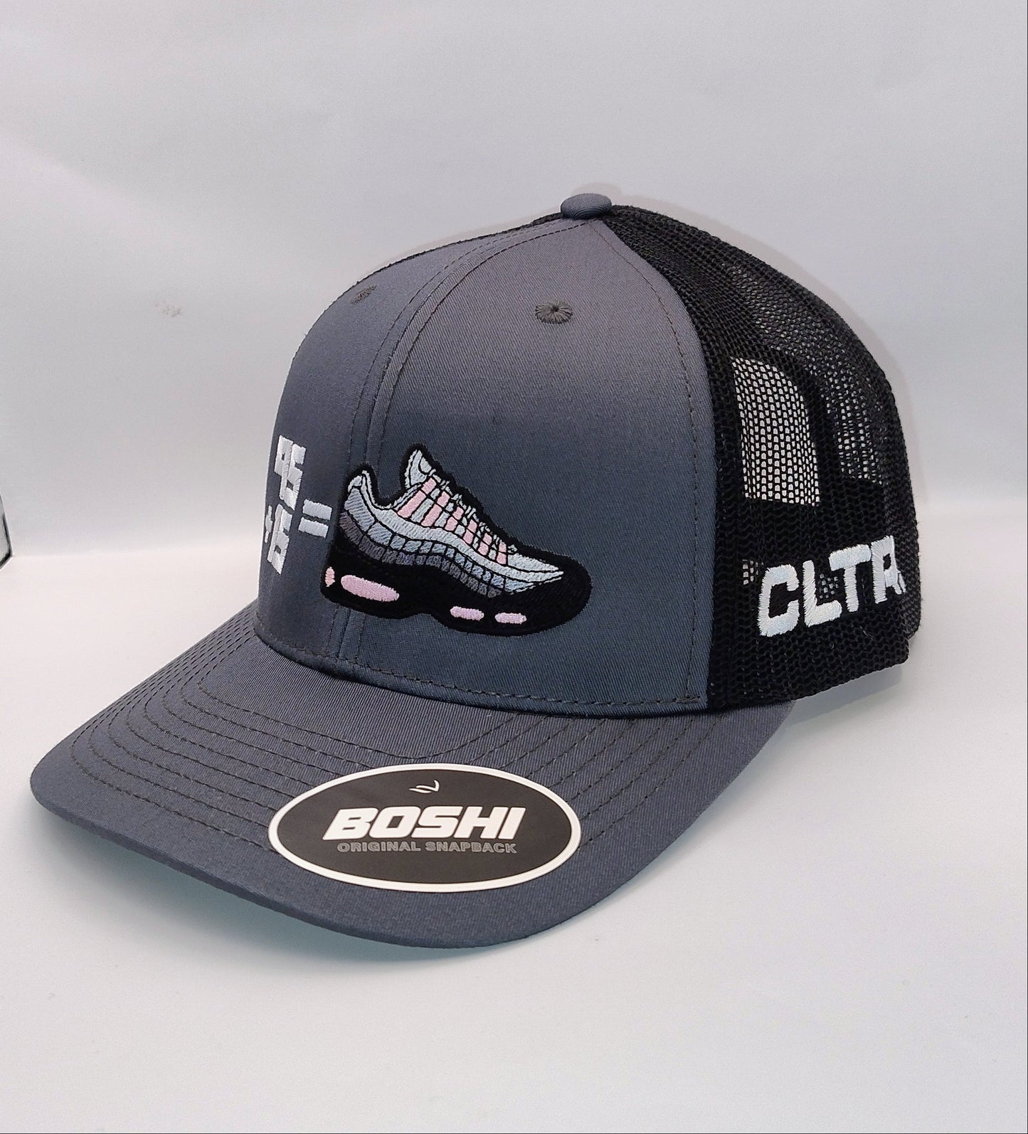 Gray cap with branding on a white background