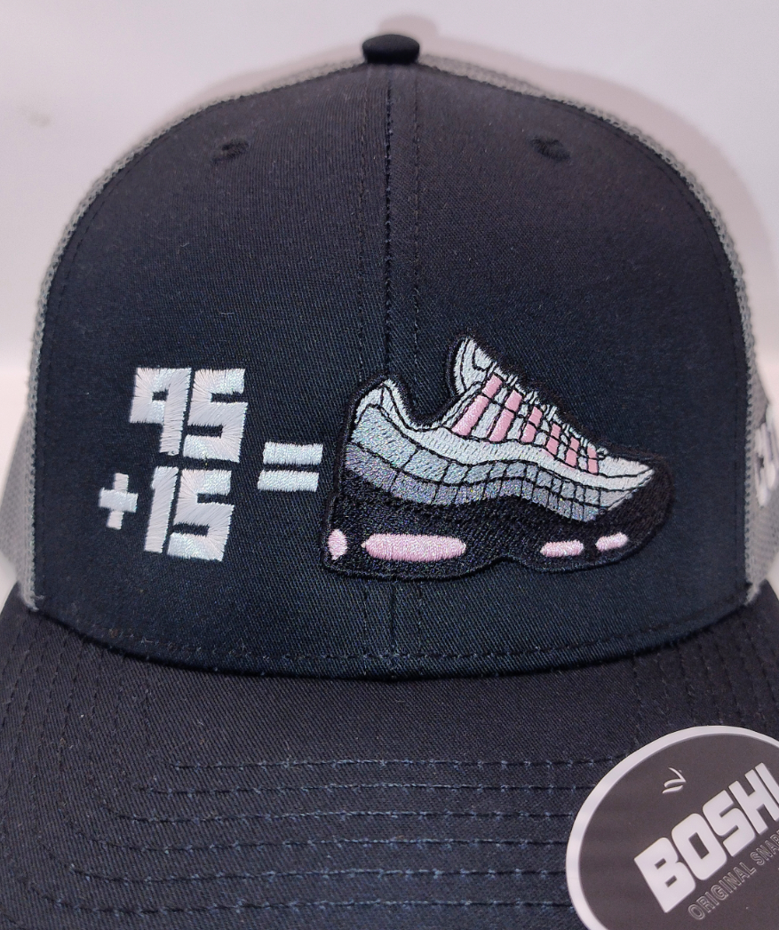 Black cap with sneaker graphic and 'BOSHI' logo on a light gray background