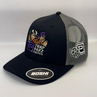 Black and gray cap with multiple brand logos on a white background