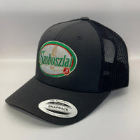 Black trucker cap with a brand logo on a white background