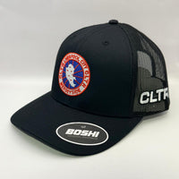 Black cap with logos on a white background