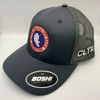 Gray cap with embroidered logos on a white background