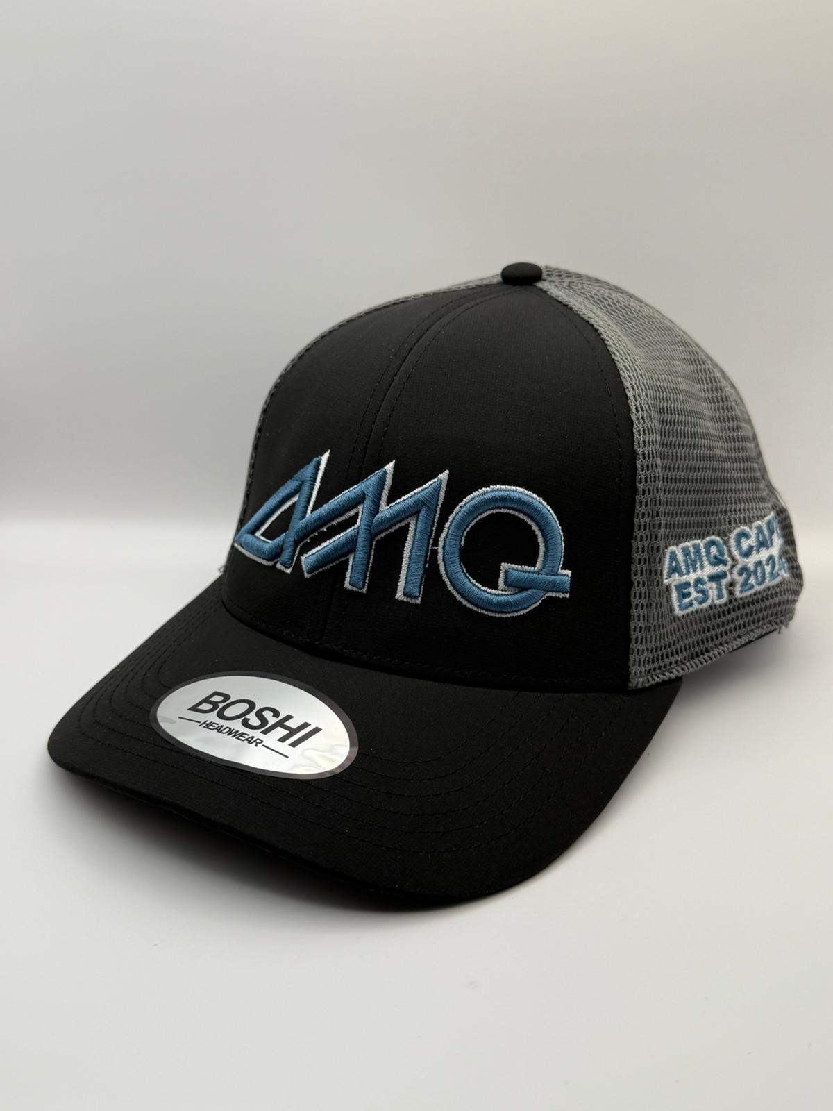 Black and gray cap with blue text on a light gray background