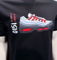 Black t-shirt with a graphic of a sneaker on a mannequin