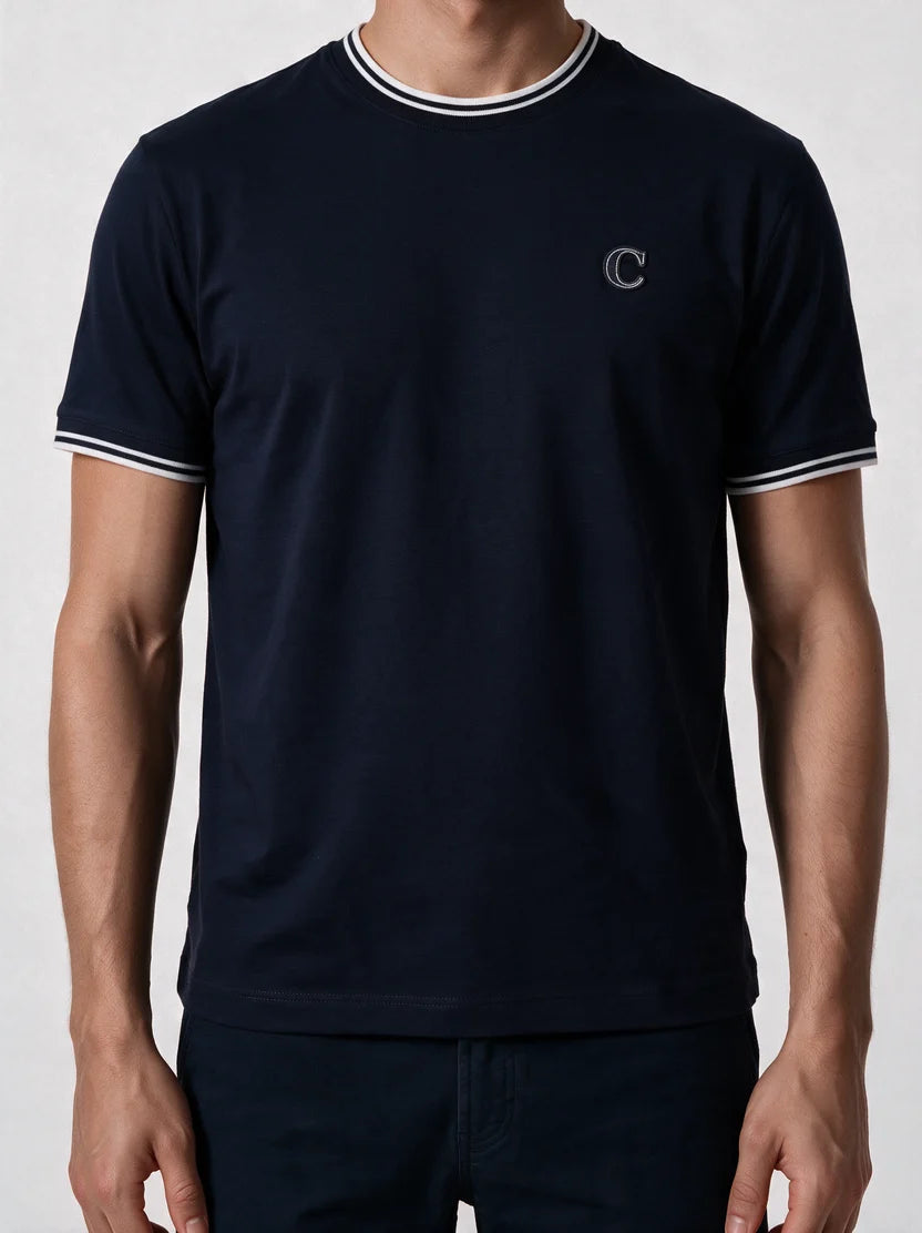 Capria Contrast Collar 'C' Stitch T-Shirt - Navy