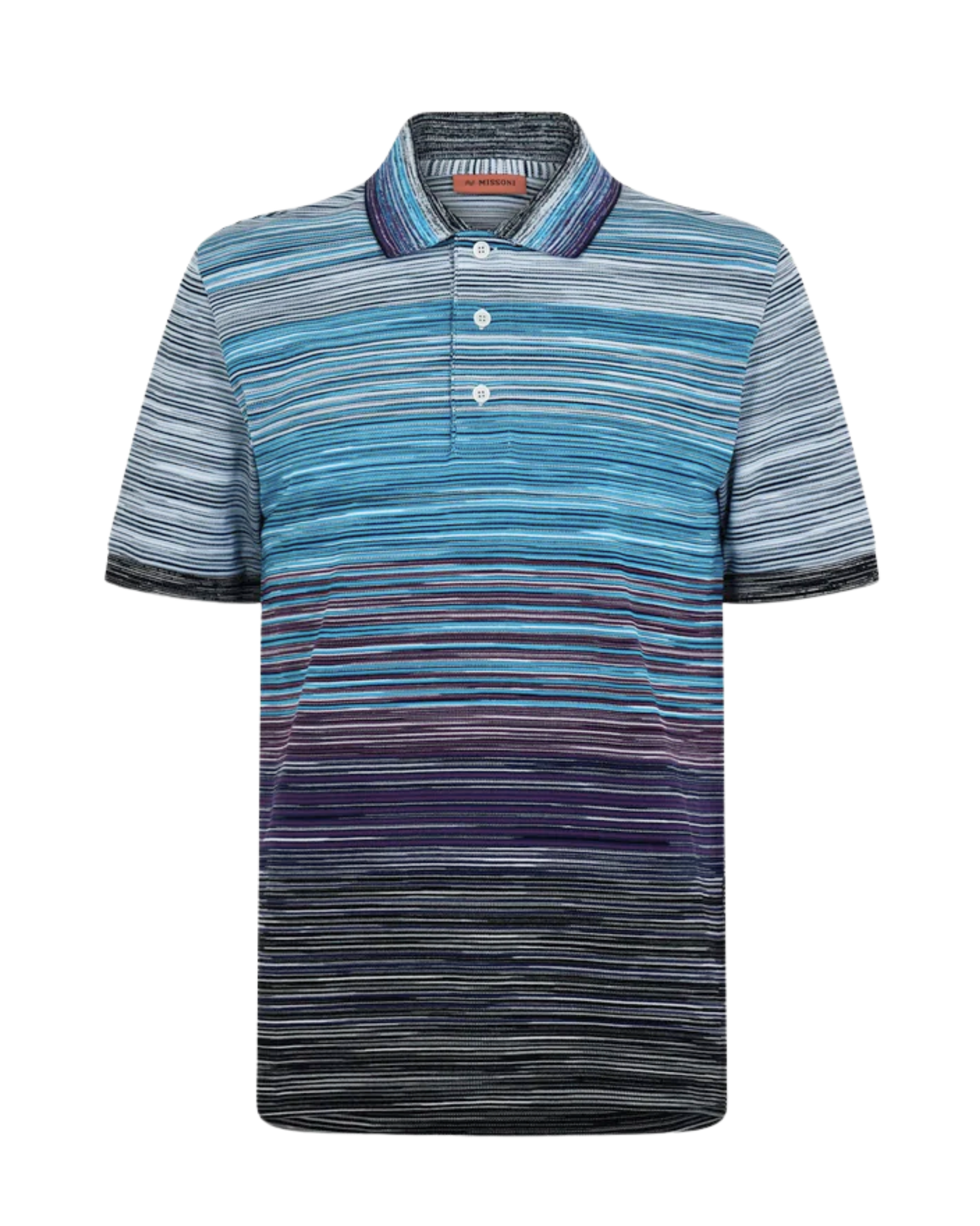 Blue and gray striped polo shirt on a white background