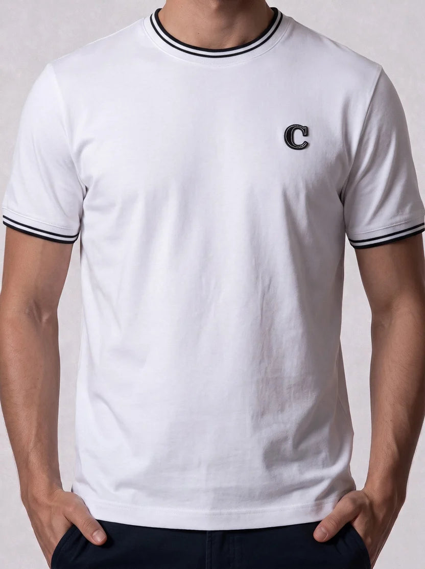 Capria Contrast Collar 'C' Stitch T-Shirt - White