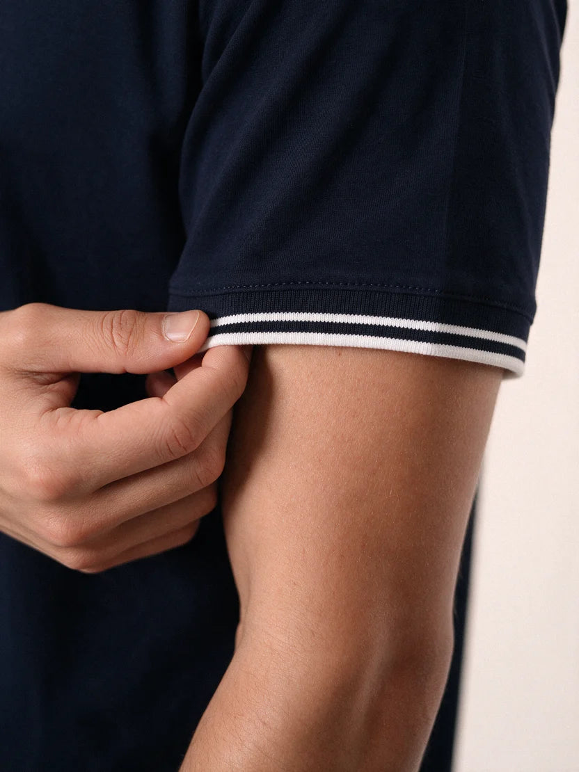 Capria Contrast Collar 'C' Stitch T-Shirt - Navy