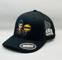 Black cap with embroidered designs on a white background