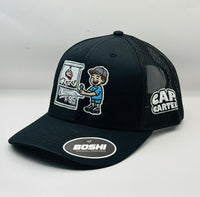 Black cap with various logos on a white background