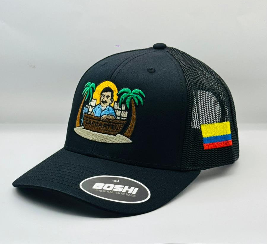 Black cap with colorful design and 'BUSH' logo on a white background