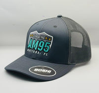 Black mesh cap with branding on a white background