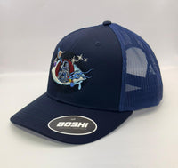 Navy blue cap with embroidered design on a white background