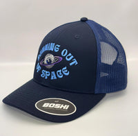 Navy blue cap with mesh back and 'Running Out of Space' text on a white background