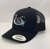 Black trucker cap with colorful design on a white background