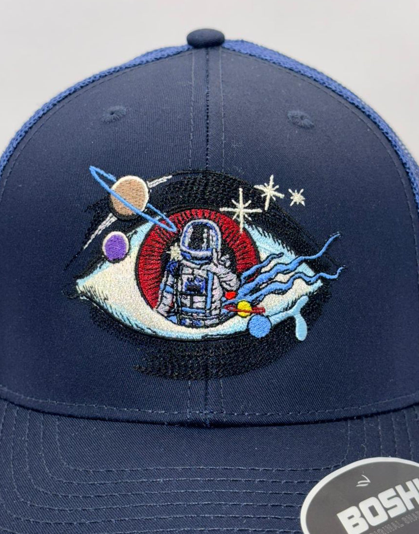 Navy blue cap with space-themed design and 'Boshi' logo on a white background