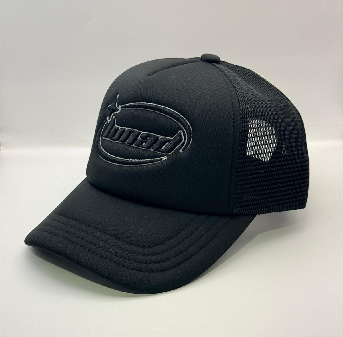 Black trucker cap with a logo on a white background