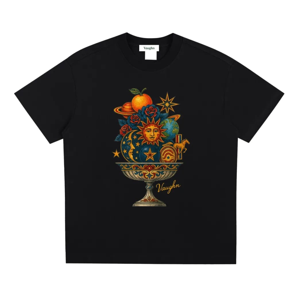 Black t-shirt with a colorful celestial design on a white background