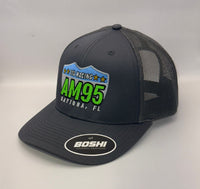 Black mesh cap with AM95 branding on a white background